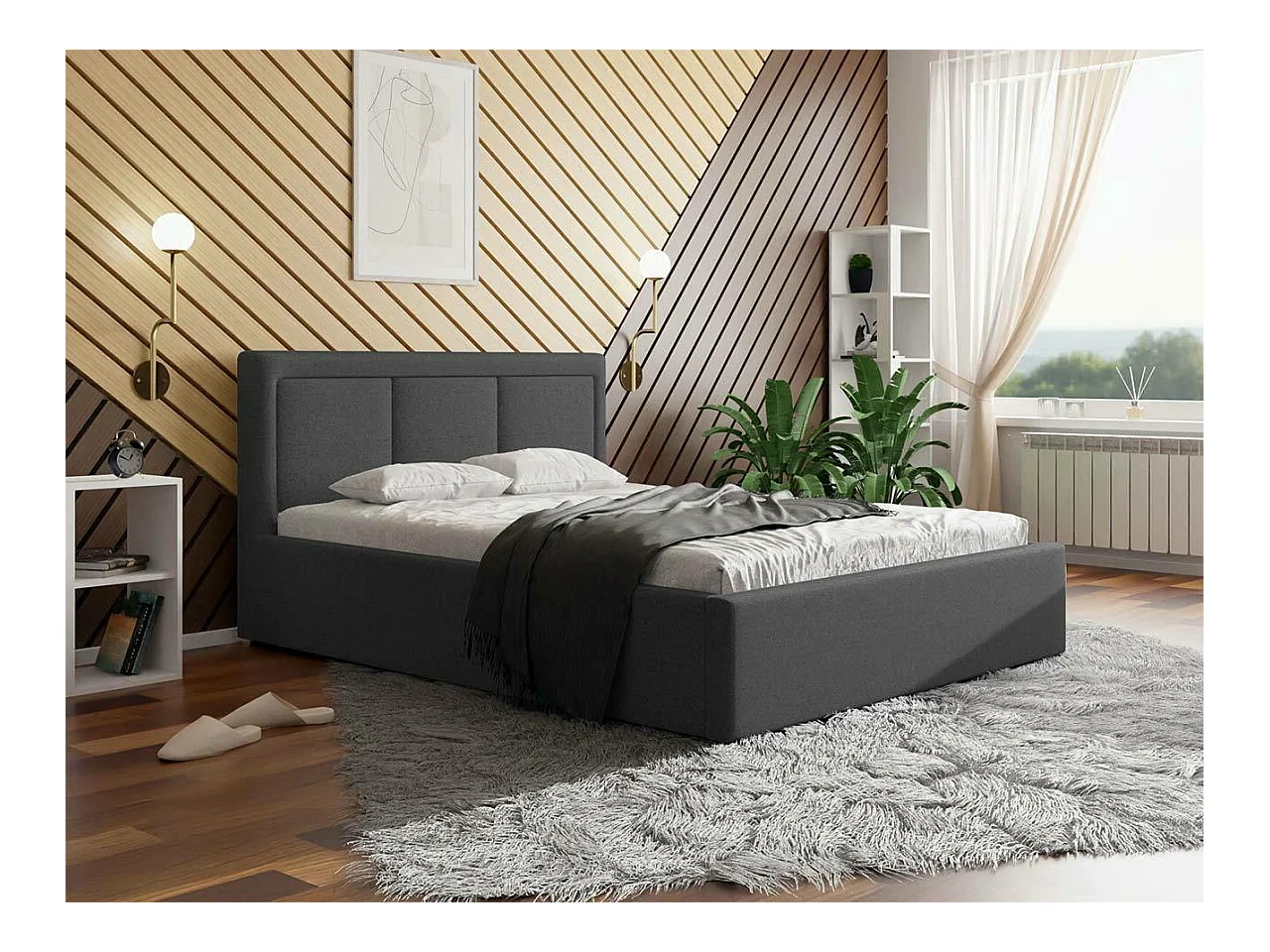 Cama Pomona 100, Casal, Cinzento, Tecido, Estrados de cama, 18x22x9cm
