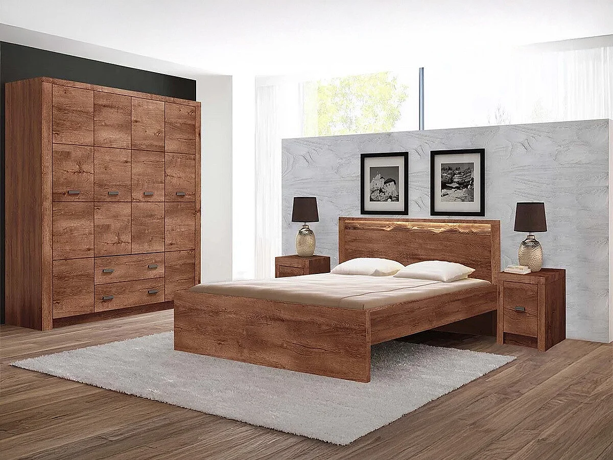 Cama Serfeno 117, Doble, De color marrón claro, 160x200, Aglomerado laminado, Somieres,