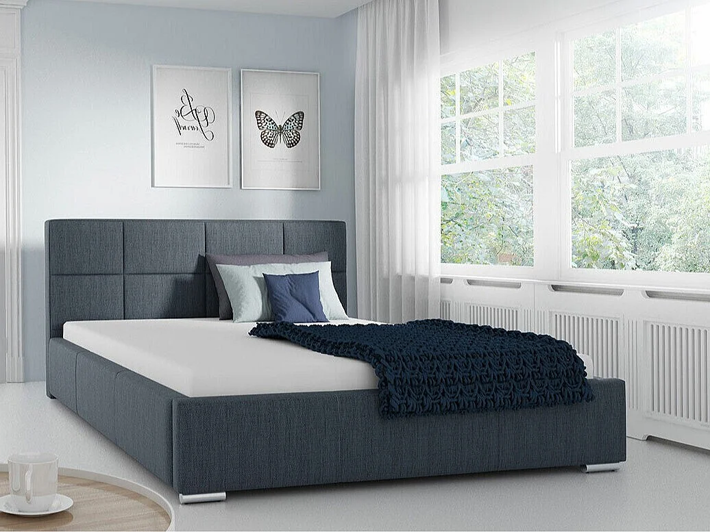 Lit Baltimore 122, Double, Gris, 140x200, Tissu, Disponible, 158x222x92cm