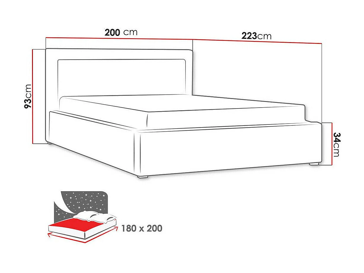 Lit Pomona 102, Double, Gris, 180x200, Tissu, Disponible, 200x223x93cm