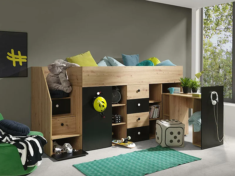 Lit haut Hartford 361, Unique, Brun clair, 90x200, Stratifié, Sommier à lattes, 94x249cm