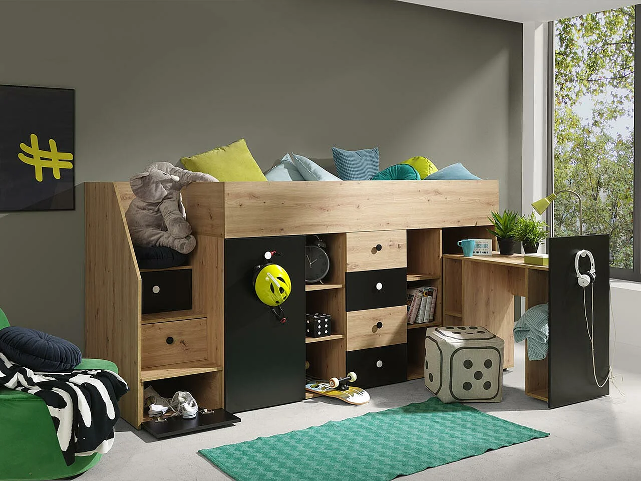 Letto alto Hartford 361, Singolo, Nocciola, 90x200, Truciolare laminato, Reti a doghe,