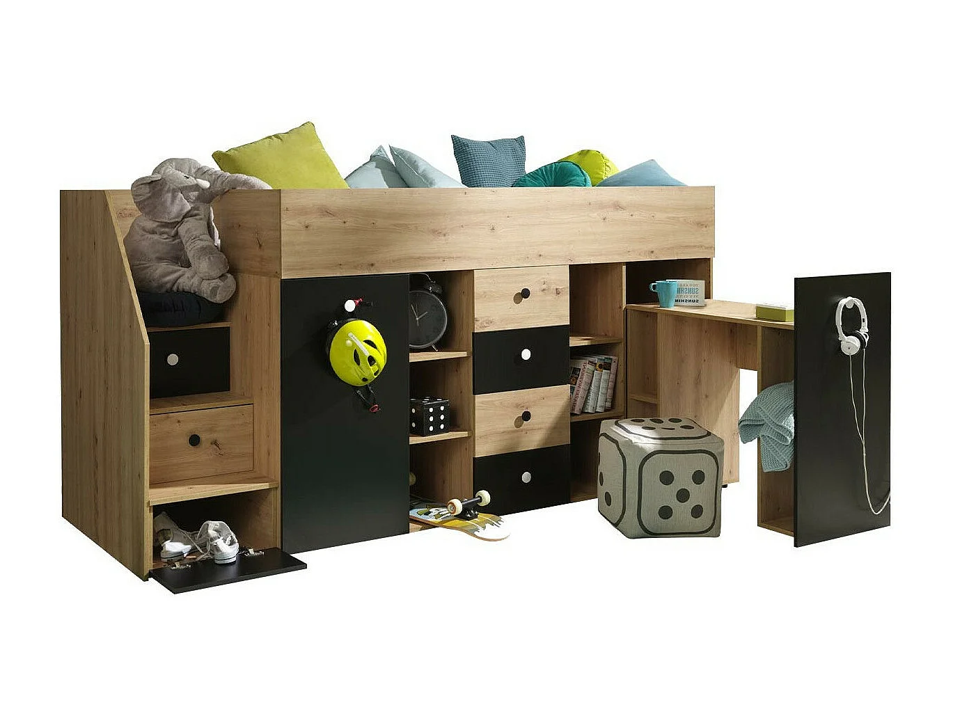 Letto alto Hartford 361, Singolo, Nocciola, 90x200, Truciolare laminato, Reti a doghe,