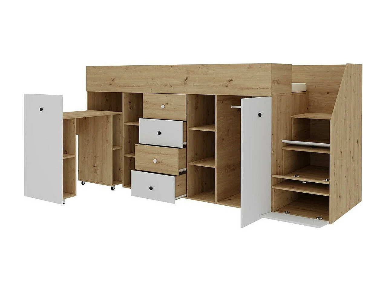 Letto alto Hartford 361, Singolo, Nocciola, 90x200, Truciolare laminato, Reti a doghe,