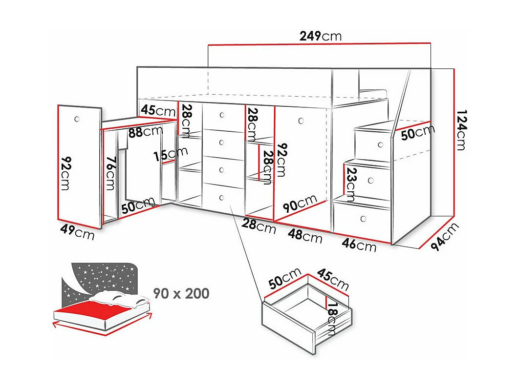 Letto alto Hartford 361, Singolo, Nocciola, 90x200, Truciolare laminato, Reti a doghe,