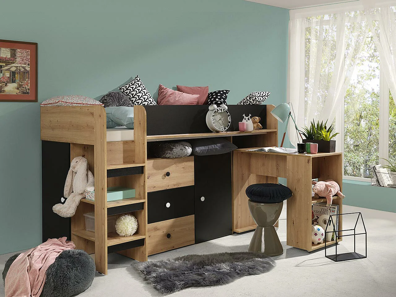 Cama alta Hartford 359, Individual, Castanho claro, Estrados de cama