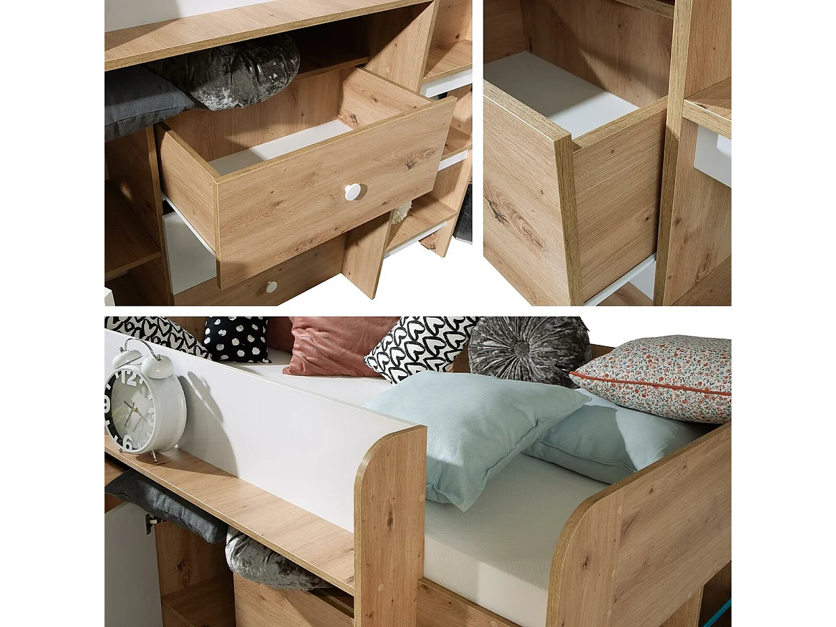 Cama alta Hartford 359, Individual, Castanho claro, Estrados de cama