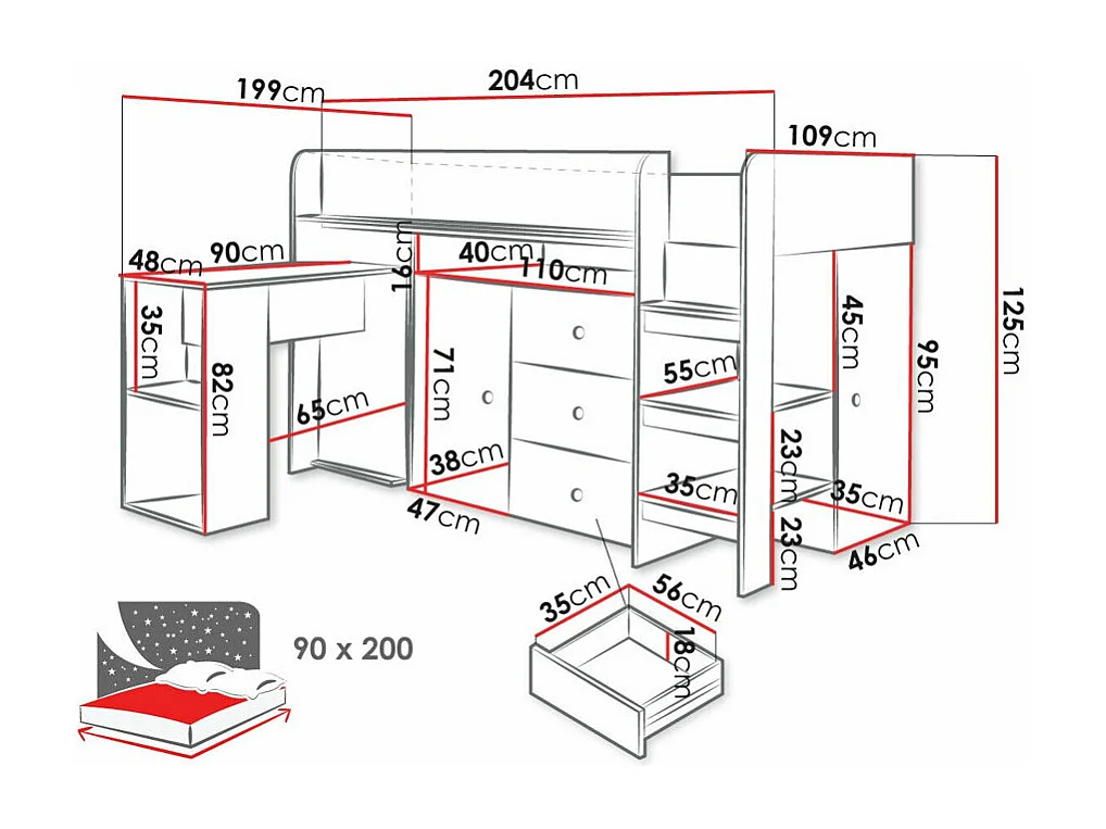 Cama alta Hartford 359, Individual, Castanho claro, Estrados de cama