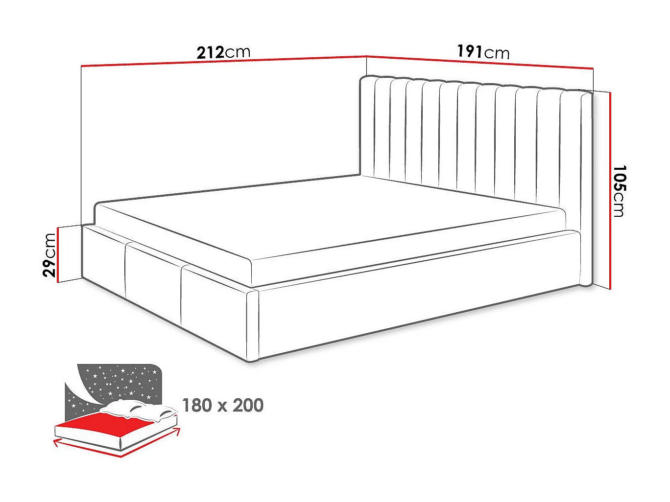 Lit ComfiDream 179, Double, Bleu, 180x200, Tissu, Disponible, 191x212x105cm