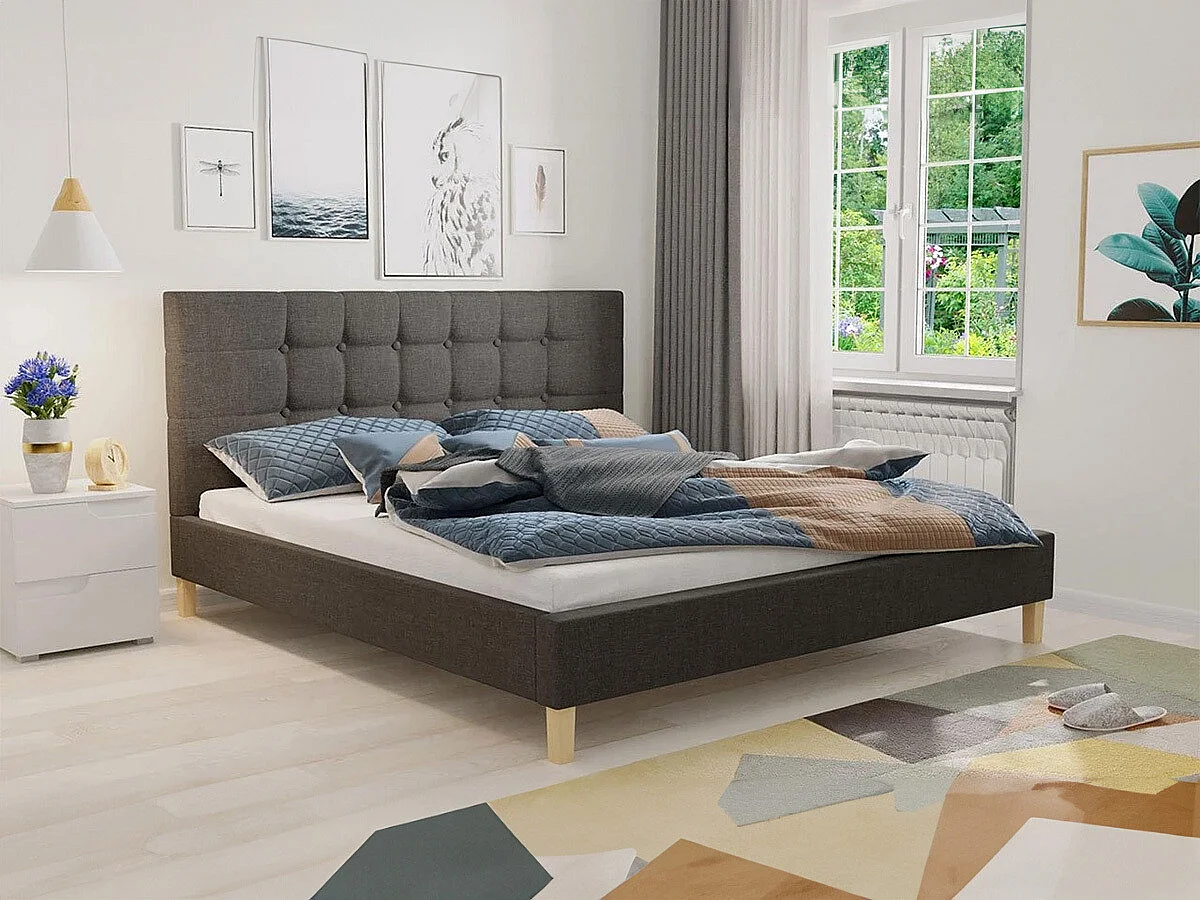 Lit ComfiDream 109, Double, Gris, 160x200, Tapisserie, Sommier à lattes, 167x215x100cm