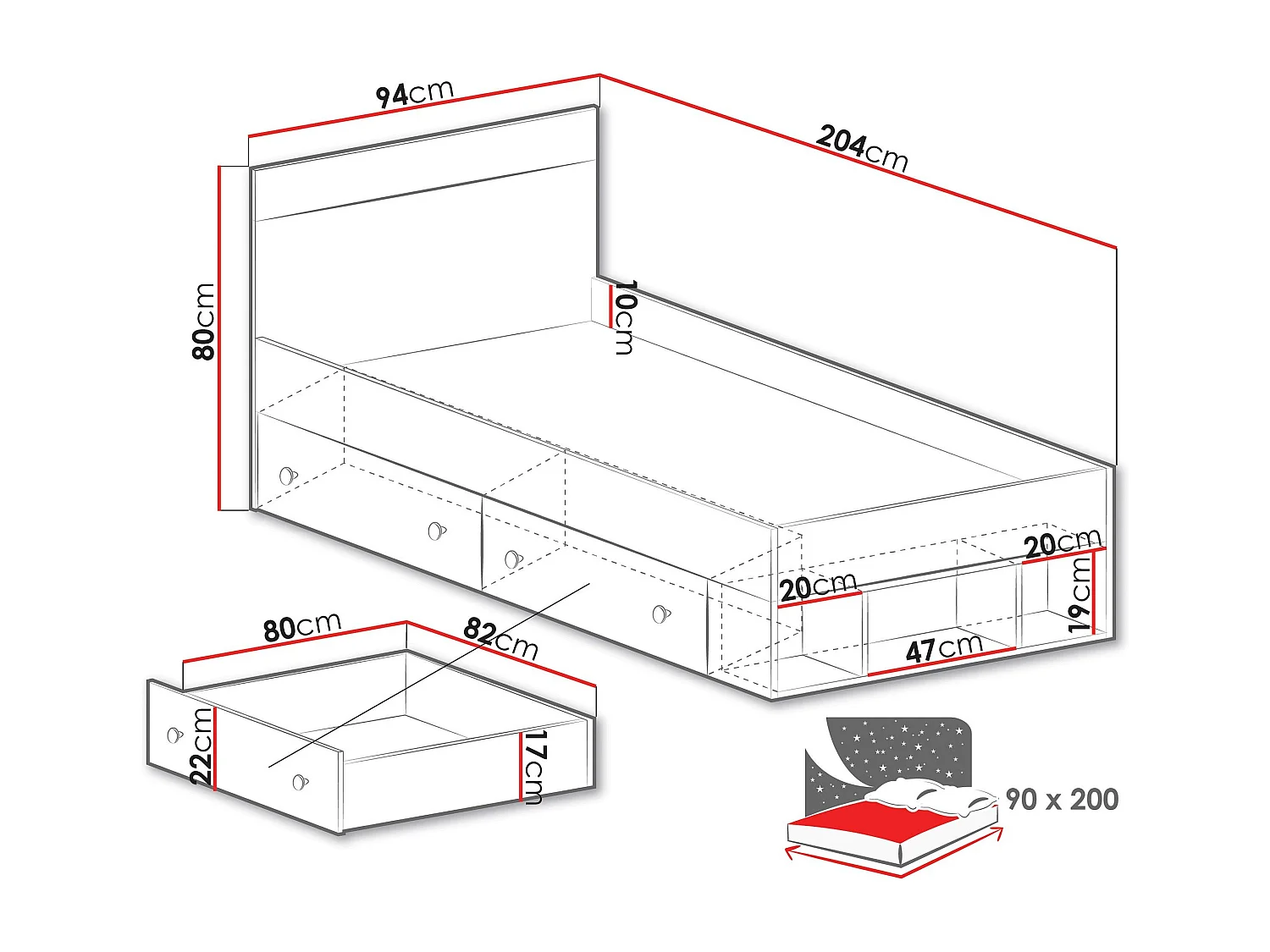 Letto Tesmonu 113, Singolo, Nocciola, 90x200, Truciolare laminato, Con, 94x204x80cm