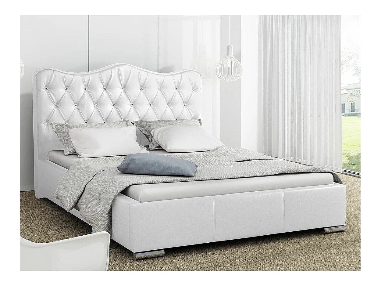 Cama Baltimore 141, Doble, Blanco, Cuero ecológico, Somieres, 180x218x100cm
