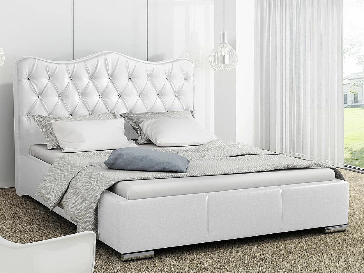 Cama Baltimore 141, Doble, Blanco, Cuero ecológico, Somieres, 180x218x100cm