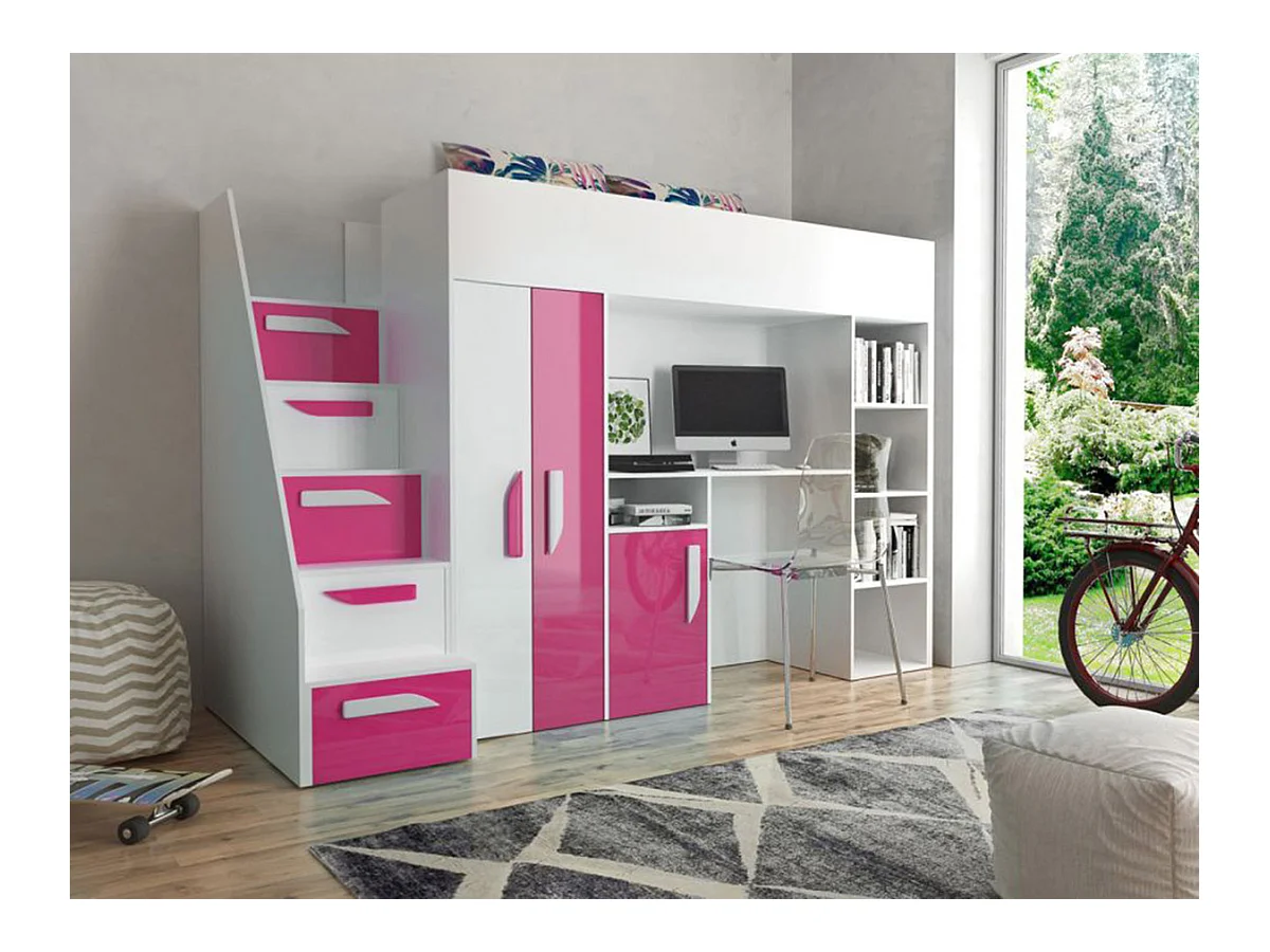 Letto alto Hartford 192, Singolo, Bianco, 90x200, Truciolare laminato, Reti a doghe,