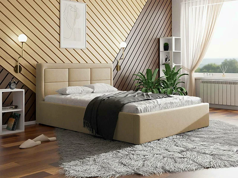 Cama Pomona 103, Doble, De color marrón claro, 140x200, Tapiz, Somieres, 160x223x93cm