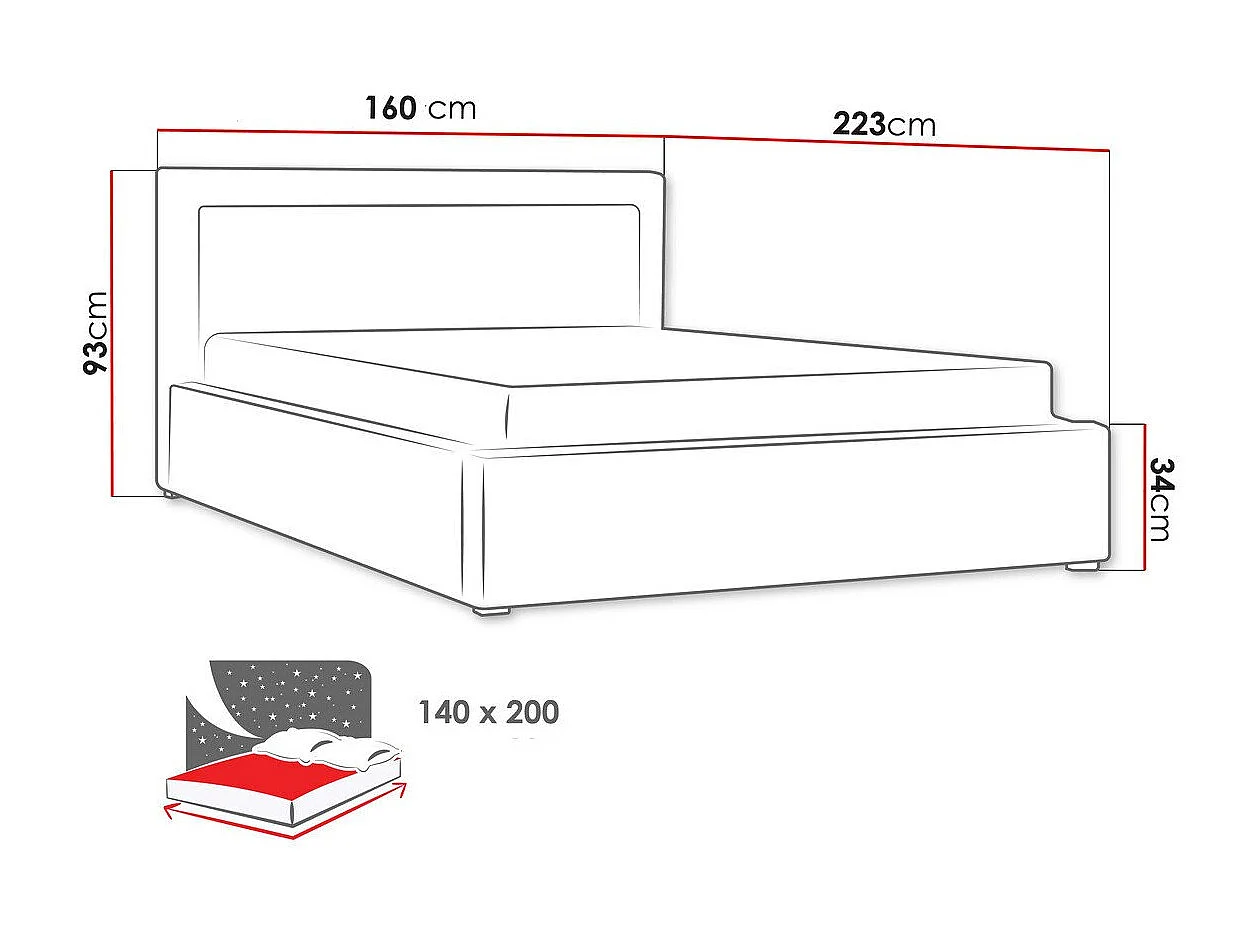 Cama Pomona 102, Doble, Gris, 140x200, Tapiz, Somieres, 160x223x93cm