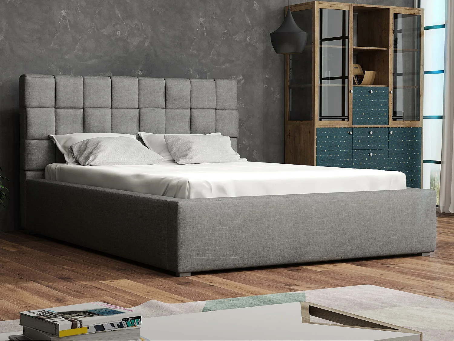 Lit Pomona 107, Double, Gris, 160x200, Tissu, Disponible, 180x223x93cm