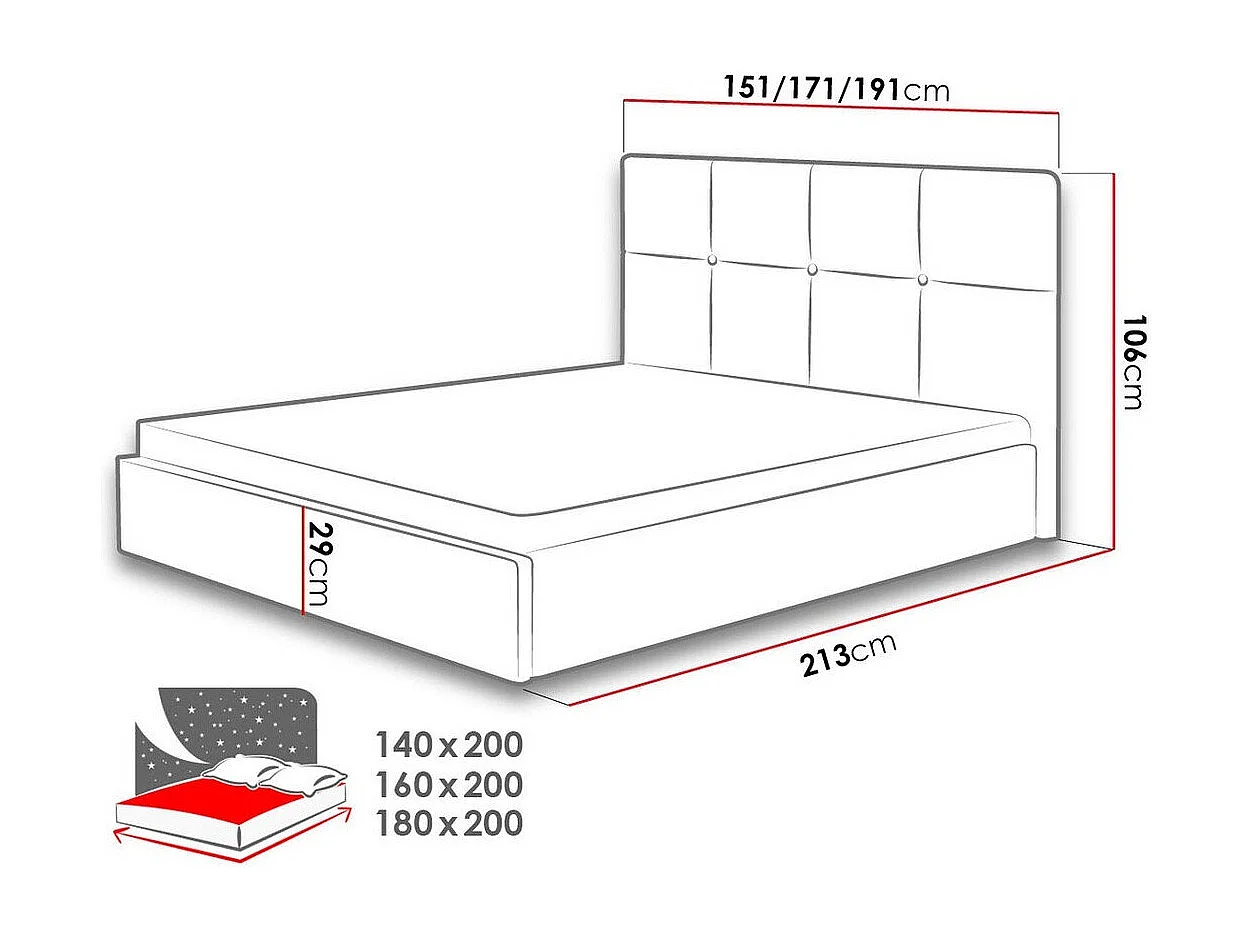 Lit ComfiDream 130, Double, Gris, 140x200, Tissu, Disponible, 151x213x106cm