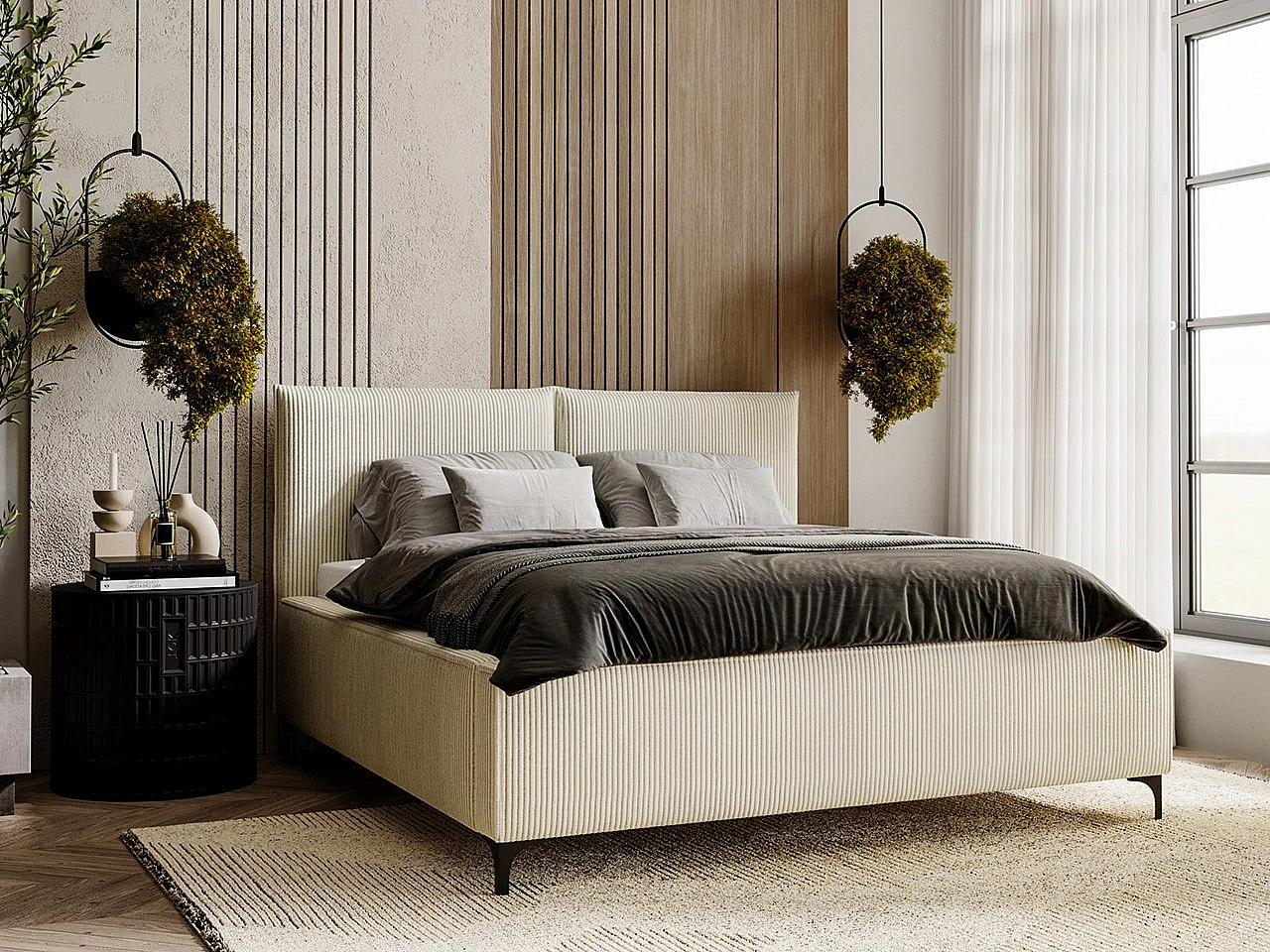 Lit Clovis 113, Unique, Brun clair, 120x200, Tissu, Disponible, 140x214x108cm