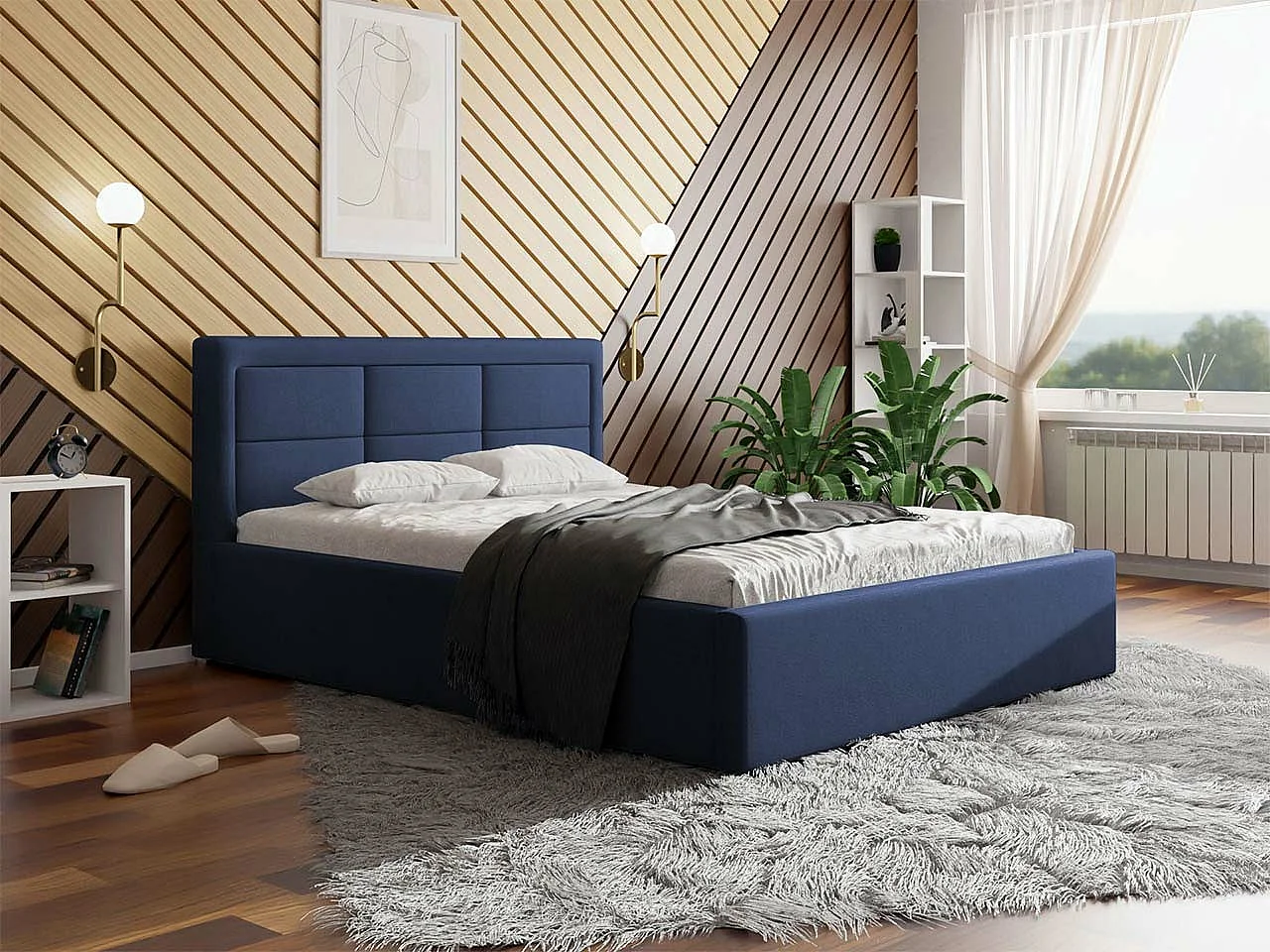 Cama Pomona 102, Individuales, Azul, 120x200, Tapiz, Somieres, 140x223x93cm