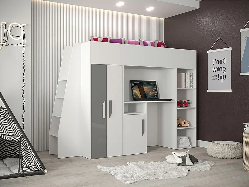 Letto alto Hartford 355, Singolo, Bianco, 90x200, Truciolare laminato, Reti a doghe, 94cm