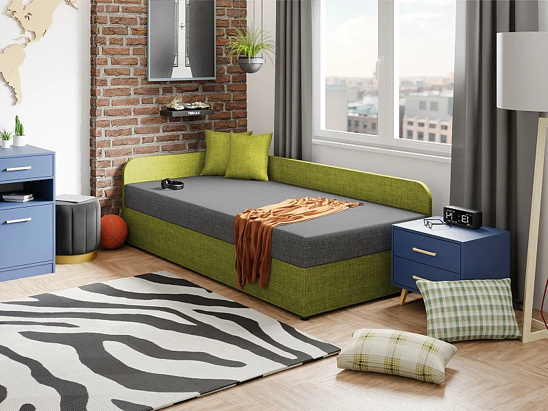 Lit Memphis 128, Unique, Vert, 90x200, Tissu, Disponible, 95x205x60cm