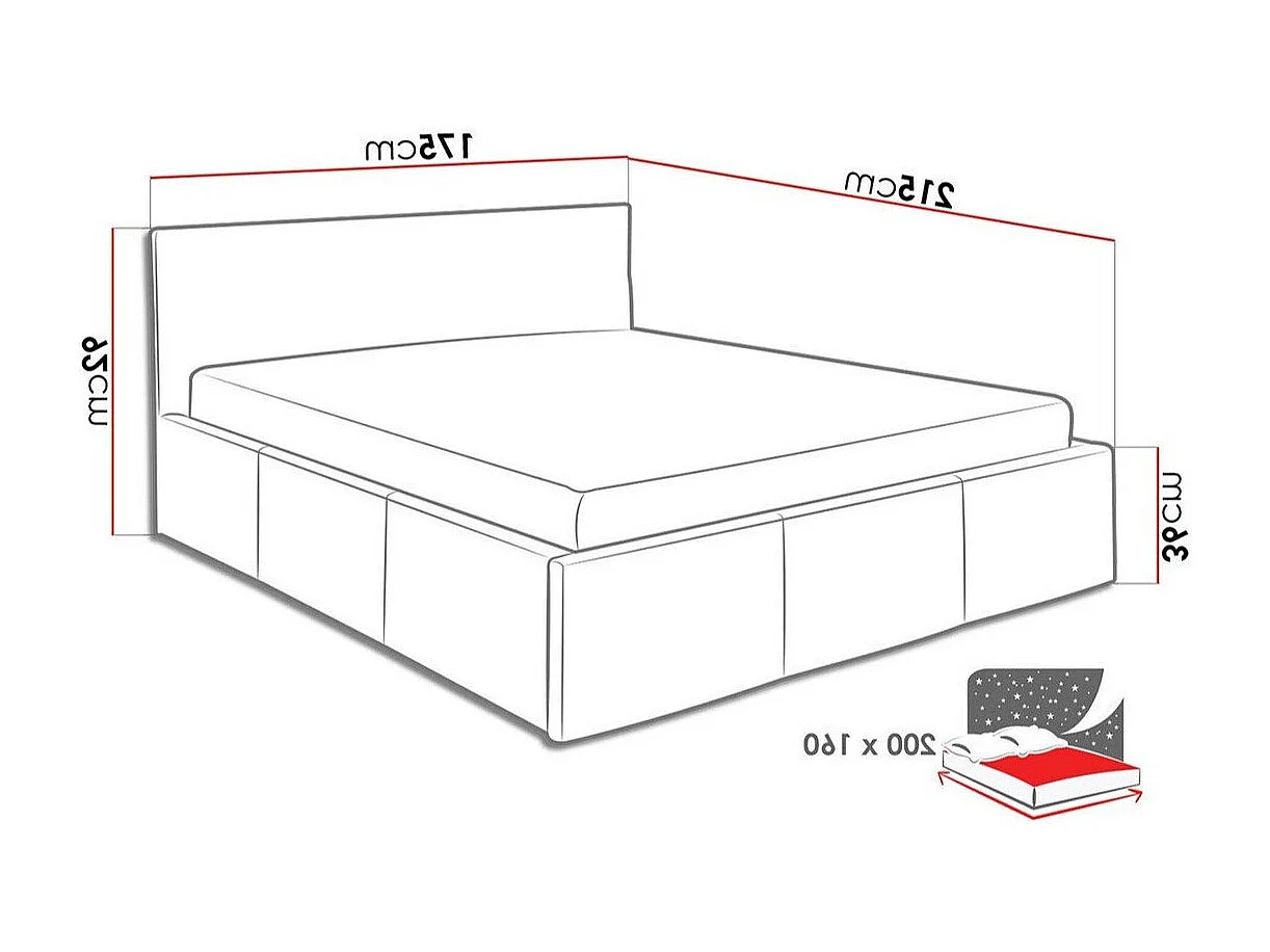 Lit Tivdalu 123, Double, Noir, 160x200, Faux cuir, Sommier à lattes, 175x215x92cm