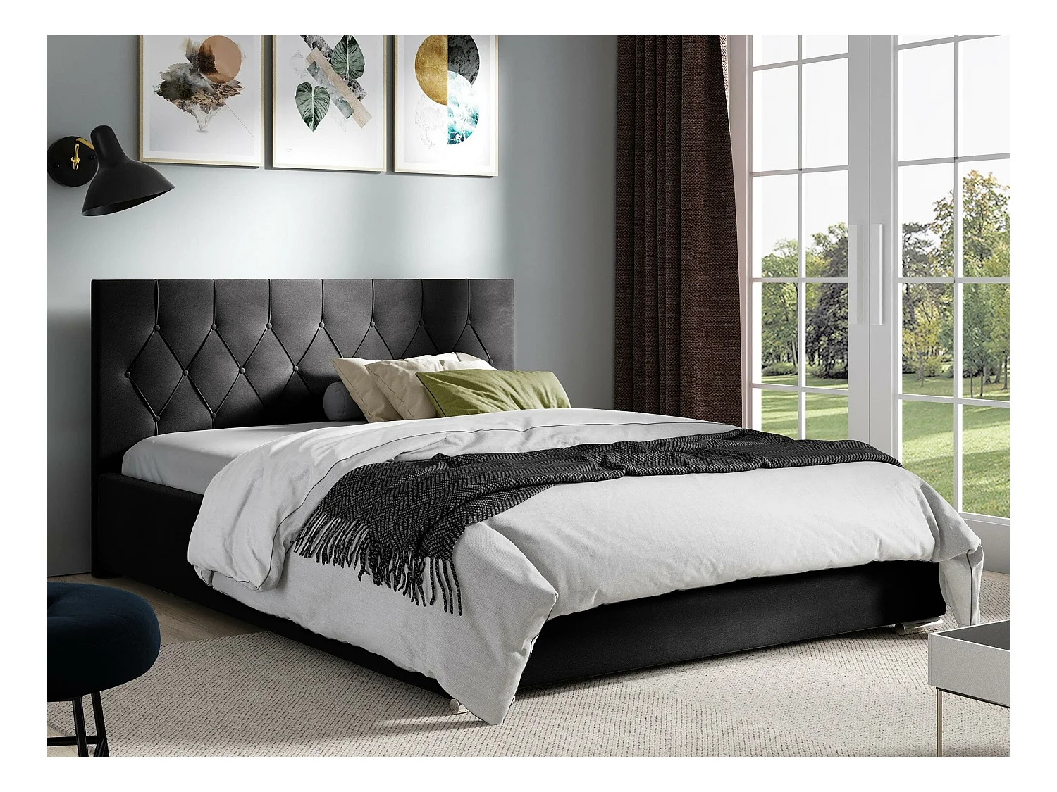 Cama Baltimore 160, Doble, Negro, 140x200, Tapiz, Somieres, 158x222x92cm