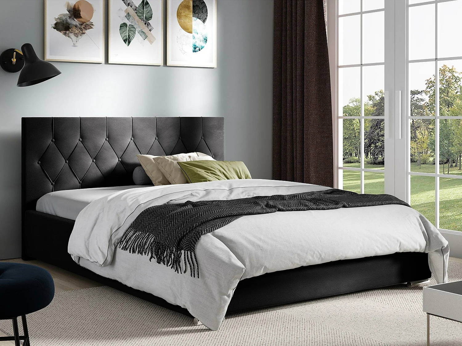 Lit Baltimore 160, Double, Noir, 140x200, Tissu, Disponible, 158x222x92cm