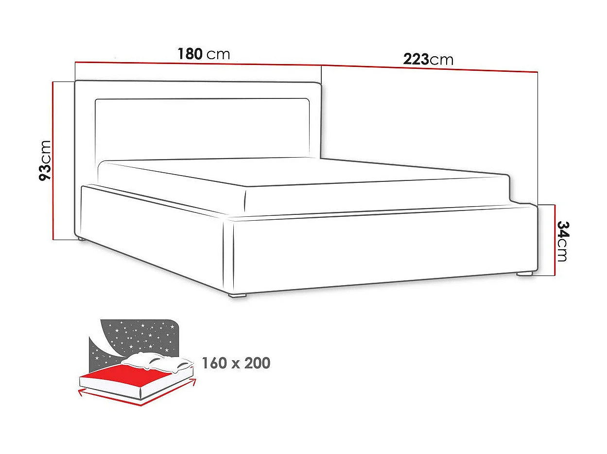 Cama Pomona 102, Casal, Cinzento, Tecido, Estrados de cama, 18x22x9cm