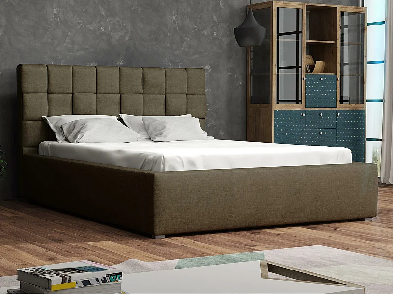 Lit Pomona 107, Double, Marron, 140x200, Tissu, Disponible, 160x223x93cm