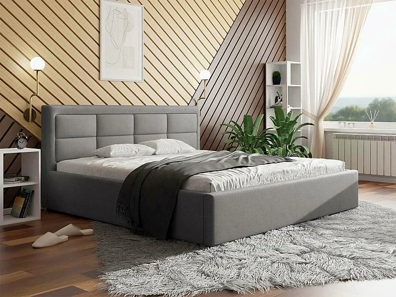 Lit Pomona 103, Double, Gris, 140x200, Tissu, Disponible, 160x223x93cm
