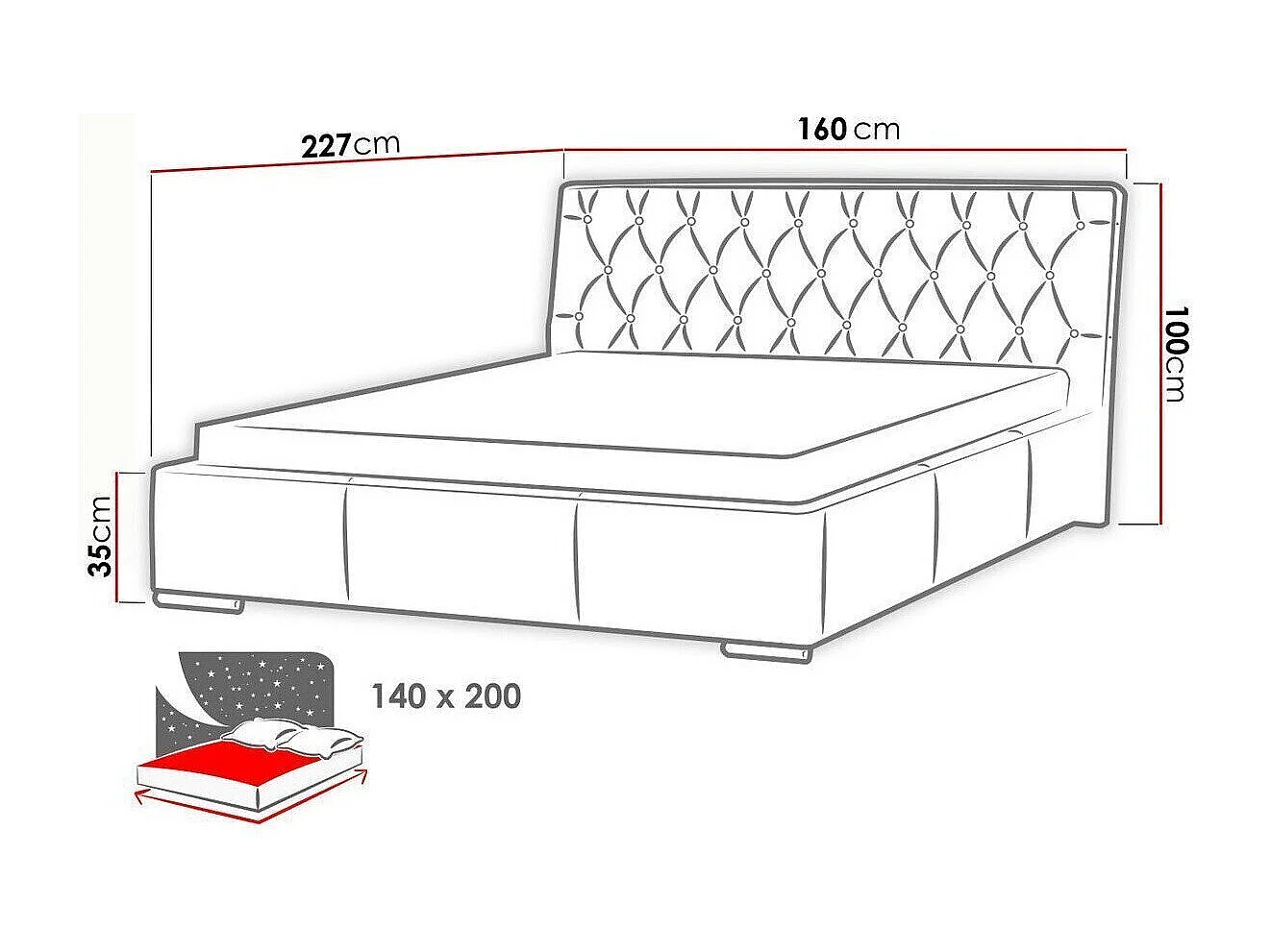 Lit Baltimore 100, Double, Blanc, 140x200, Faux cuir, Disponible, 160x227x100cm