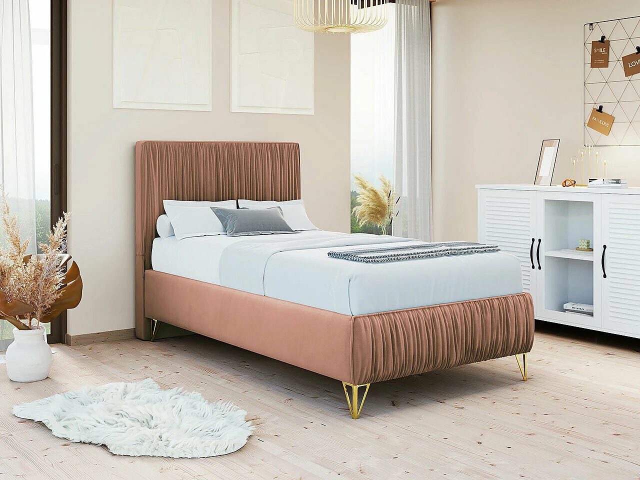 Cama Logan 112, Individuales, Rosa, 90x200, Tapiz, Somieres, 90x209x120cm