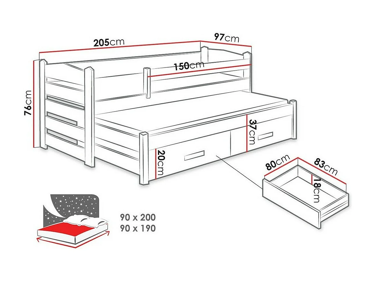 Lit Henderson 140, Simple avec un lit gigogne supplémentaire, Brun clair, 90x190|90x200,