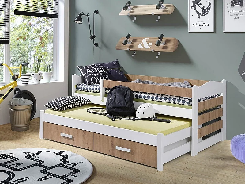 Cama Henderson 140, Individual con una cama supletoria-nido, De color marrón claro, 97cm