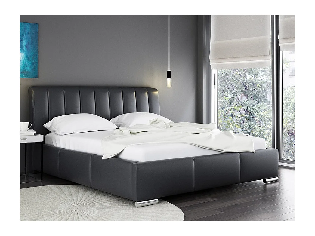 Lit Baltimore 109, Double, Noir, 180x200, Faux cuir, Sommier à lattes, 200x227x103cm