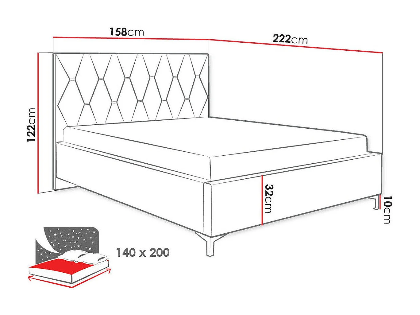 Lit Baltimore 192, Double, Brun clair, 140x200, Tissu, Disponible, 158x222x122cm
