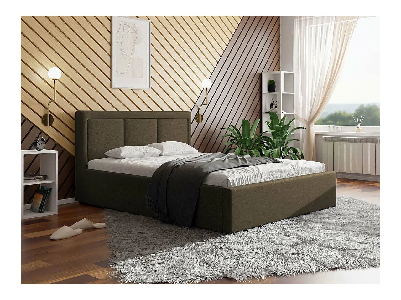 Lit Pomona 100, Double, Marron, 160x200, Tapisserie, Sommier à lattes, 180x223x93cm