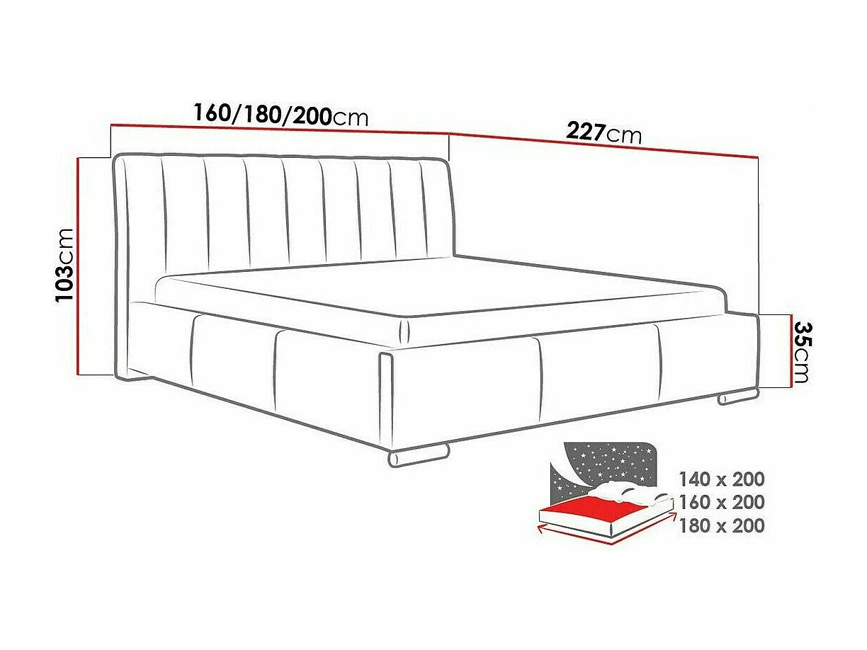 Cama Baltimore 109, Doble, Negro, 140x200, Cuero ecológico, Somieres, 160x227x103cm