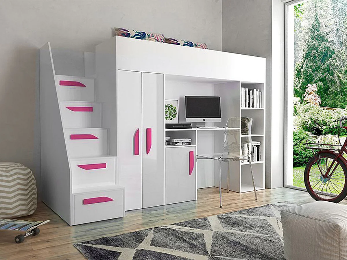 Letto alto Hartford 192, Singolo, Bianco, 90x200, Truciolare laminato, Reti a doghe,