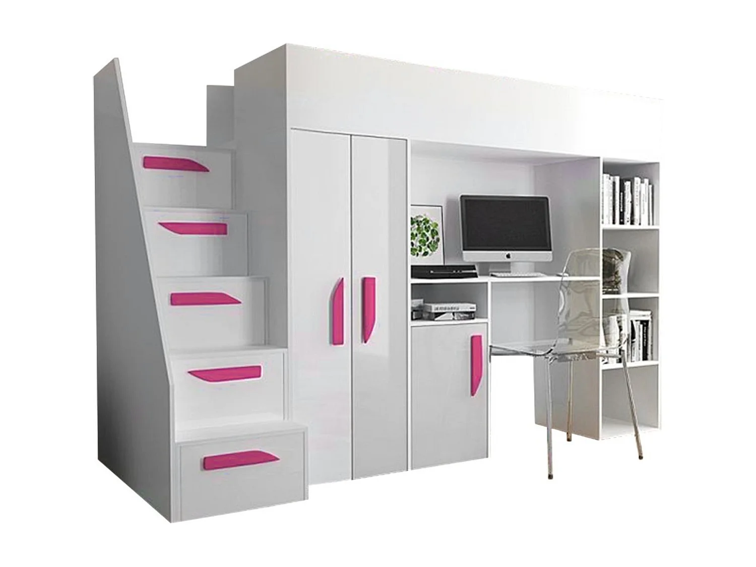 Letto alto Hartford 192, Singolo, Bianco, 90x200, Truciolare laminato, Reti a doghe,