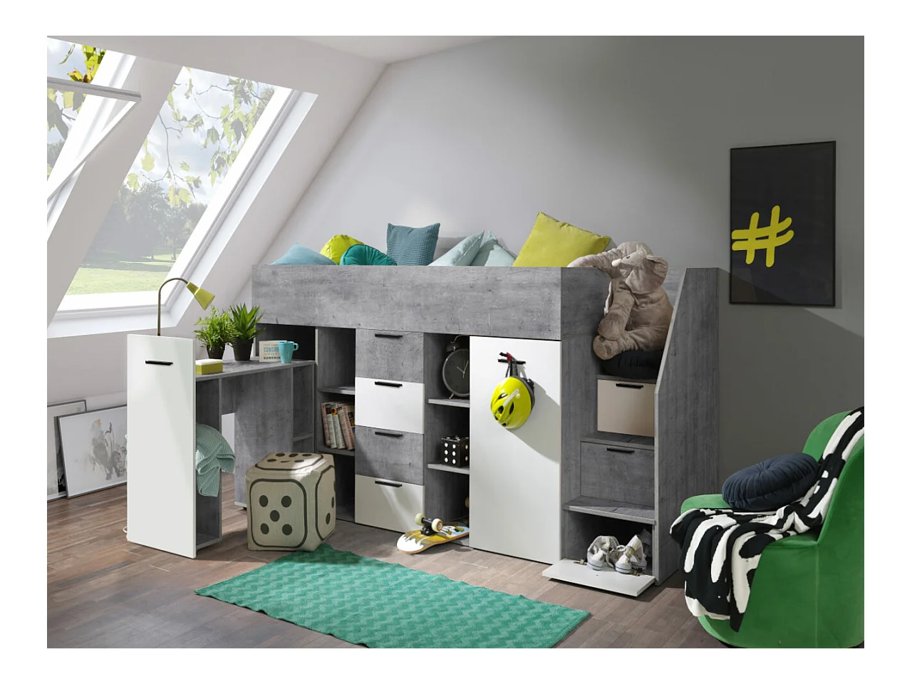 Lit haut Hartford 364, Unique, Gris, 90x200, Stratifié, Sommier à lattes, 180x249x123cm