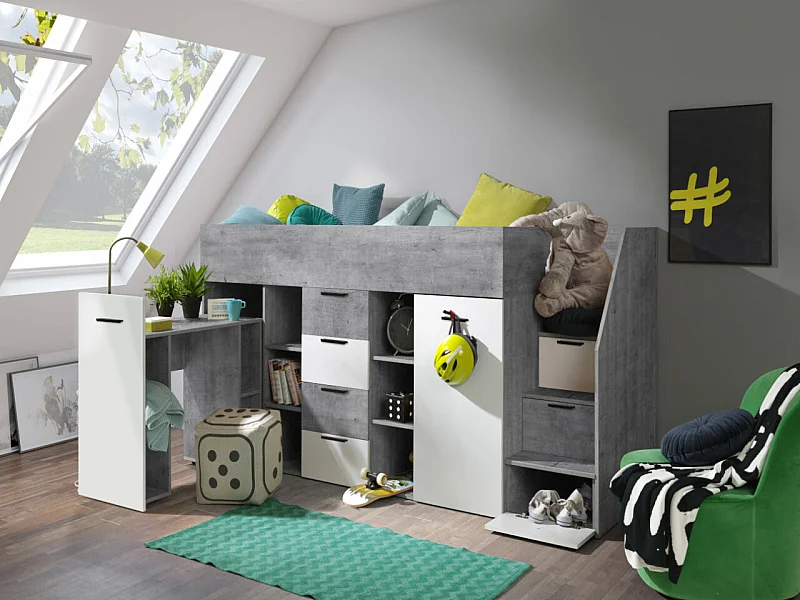 Letto alto Hartford 364, Singolo, Grigio, 90x200, Truciolare laminato, Reti a doghe,