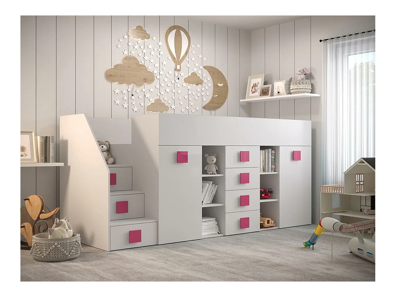 Lit haut Hartford 366, Unique, Blanc, 90x200, Stratifié, Sommier à lattes, 94x249x124cm
