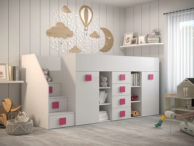 Letto alto Hartford 366, Singolo, Bianco, 90x200, Truciolare laminato, Reti a doghe, 94cm