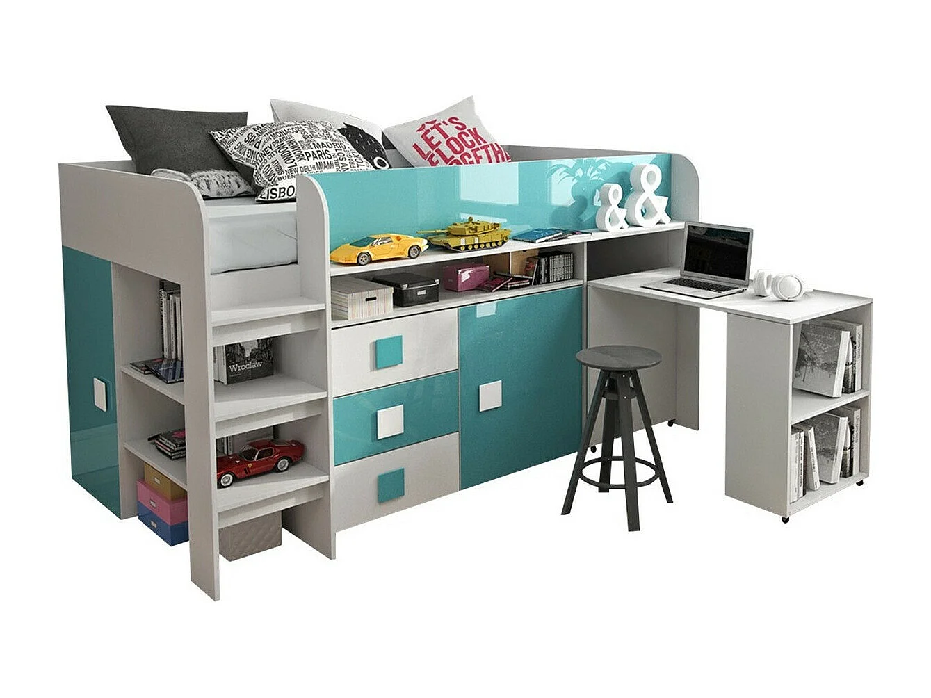 Lit Hartford 190, Unique, Turquoise, 90x200, Stratifié, Disponible, 107x204x125cm