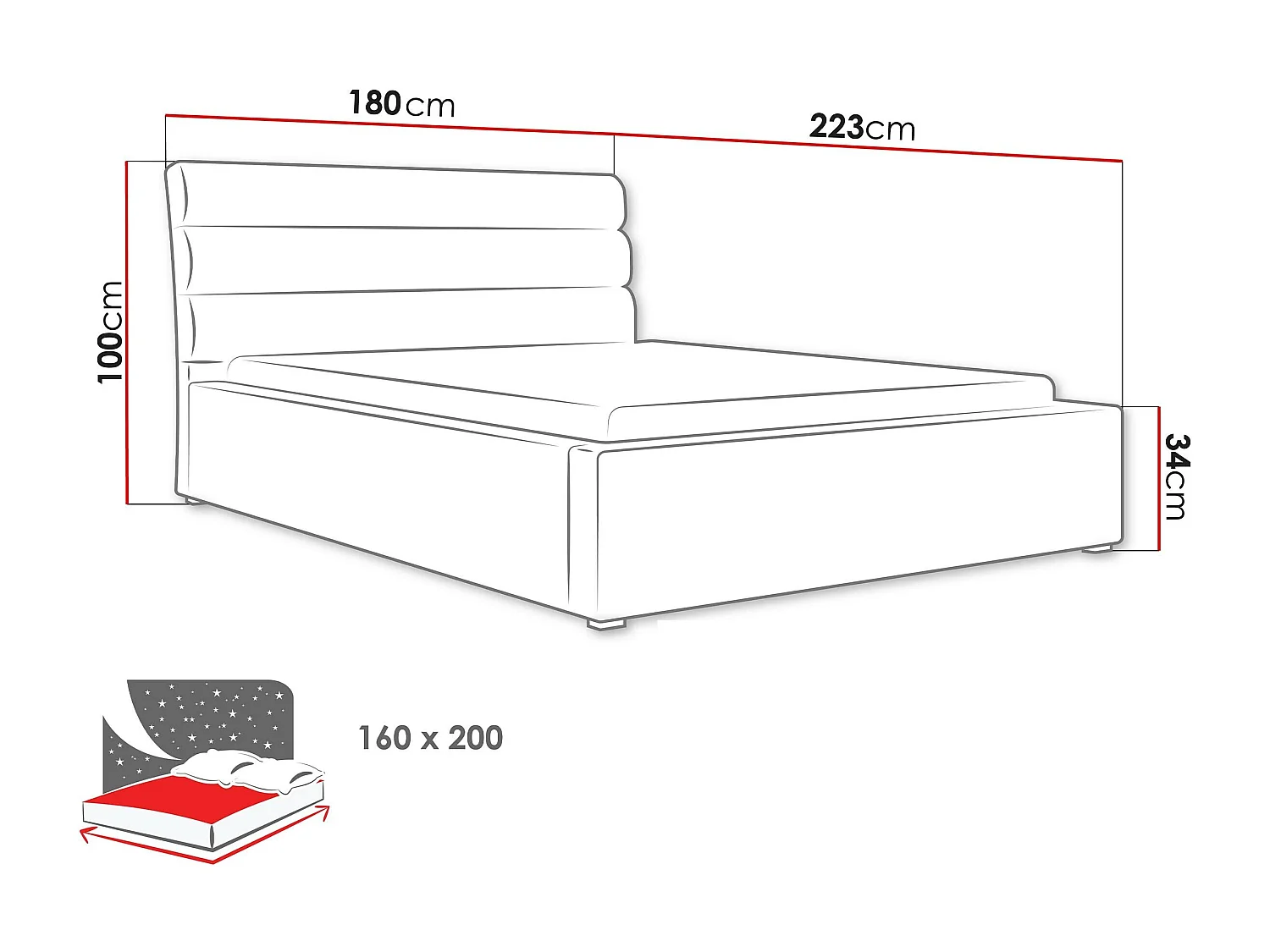 Lit Pomona 108, Double, Gris, 160x200, Tissu, Disponible, 180x223x100cm