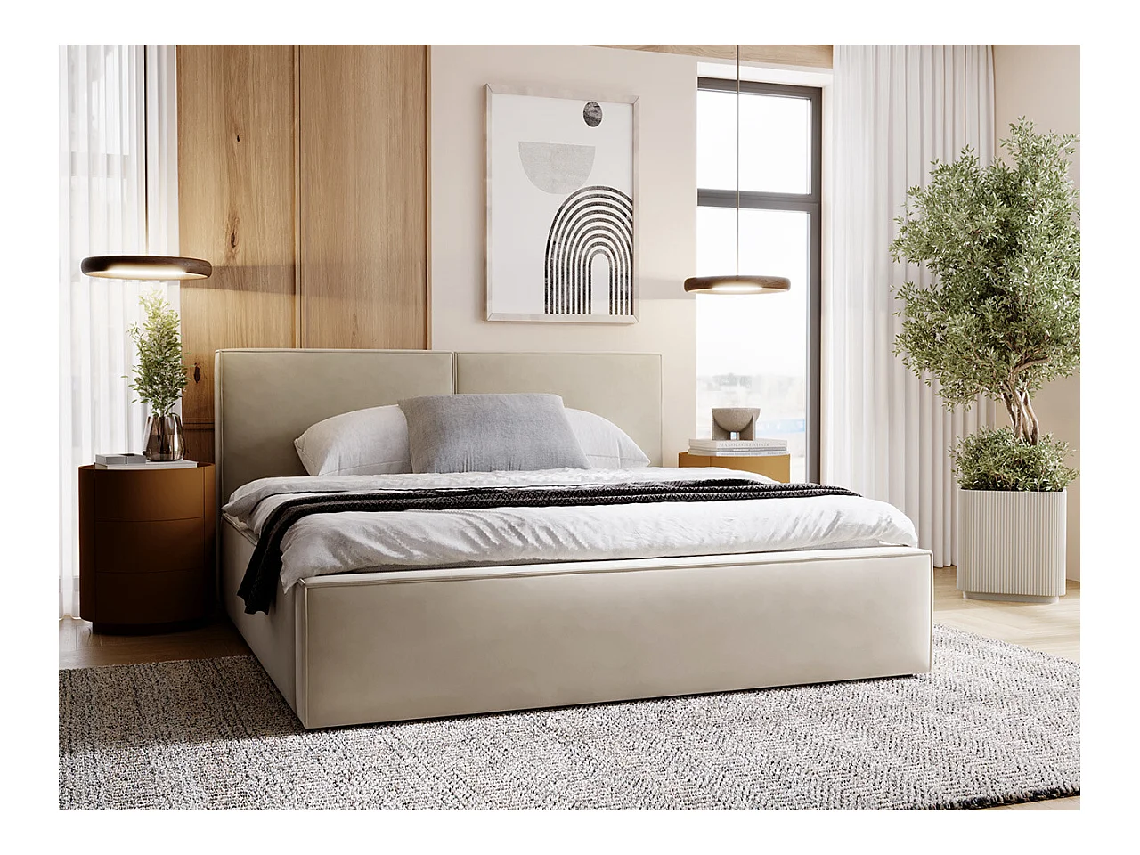 Cama TrendyNest 117, Doble, De color marrón claro, 160x200, Tapiz, Somieres, 180x223x98cm