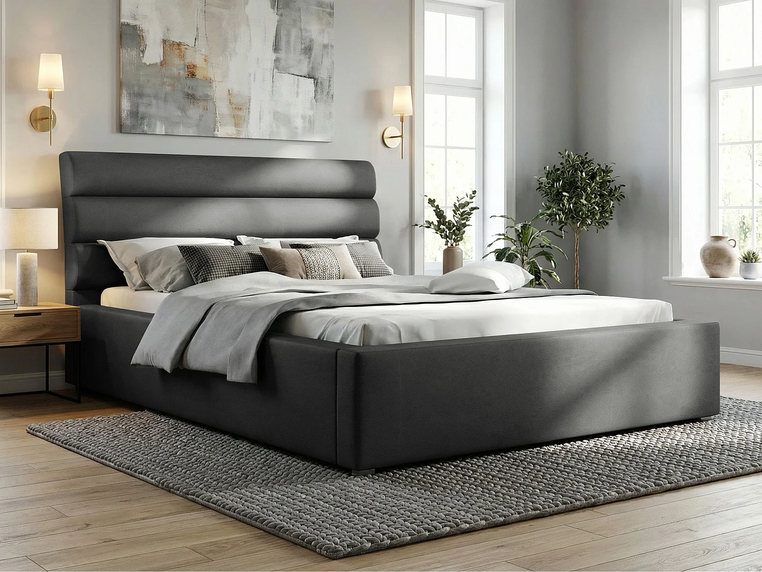 Lit Pomona 110, Double, Gris foncé, 180x200, Tissu, Disponible, 200x223x100cm